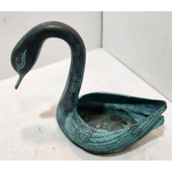 Vtg Toyo Korea Bronze Swan Home Garden Planter with Verdigris Patina 7" - Picture 2 of 14